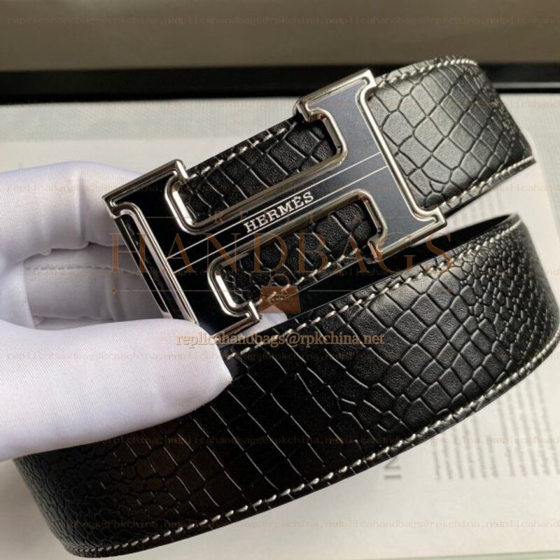 Hermes replica Black Crocodile H Buckle Black And Silver Tone Hardware Leather Belt
