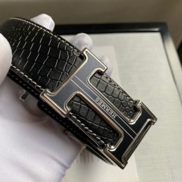 Hermes replica Black Crocodile H Buckle Black And Silver Tone Hardware Leather Belt