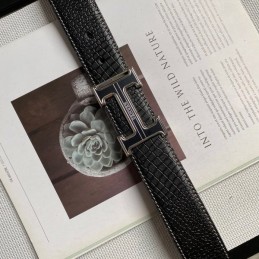 Hermes replica Black Crocodile H Buckle Black And Silver Tone Hardware Leather Belt