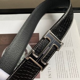 Hermes replica Black Crocodile H Buckle Black And Silver Tone Hardware Leather Belt