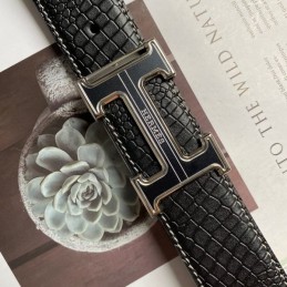 Hermes replica Black Crocodile H Buckle Black And Silver Tone Hardware Leather Belt