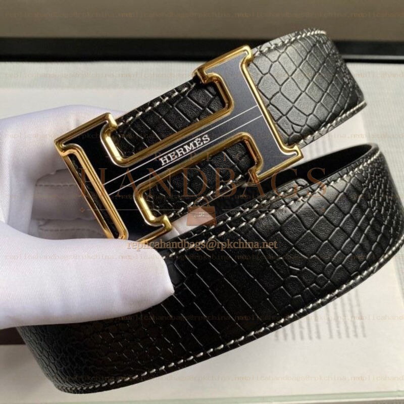 Hermes replica Black Crocodile Gold Trim H Buckle Leather Belt