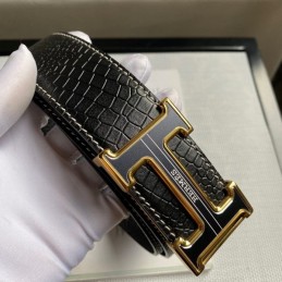 Hermes replica Black Crocodile Gold Trim H Buckle Leather Belt