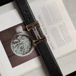 Hermes replica Black Crocodile Gold Trim H Buckle Leather Belt