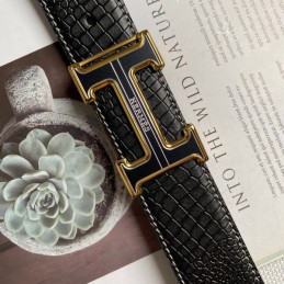 Hermes replica Black Crocodile Gold Trim H Buckle Leather Belt