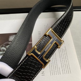 Hermes replica Black Crocodile Gold Trim H Buckle Leather Belt