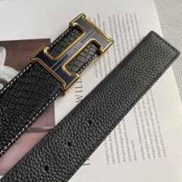 Hermes replica Black Crocodile Gold Trim H Buckle Leather Belt