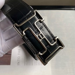 Hermes replica Black Crocodile Classic Silver H Buckle Leather Belt