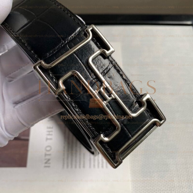 Hermes replica Black Crocodile Classic Silver H Buckle Leather Belt