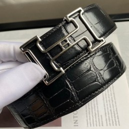 Hermes replica Black Crocodile Classic Silver H Buckle Leather Belt
