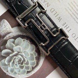Hermes replica Black Crocodile Classic Silver H Buckle Leather Belt