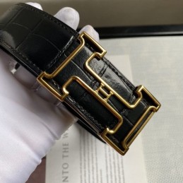 Hermes replica Black Crocodile Gold Edge H Buckle Leather Belt