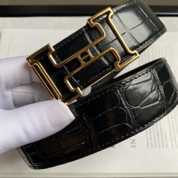Hermes replica Black Crocodile Gold Edge H Buckle Leather Belt