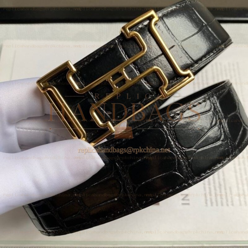 Hermes replica Black Crocodile Gold Edge H Buckle Leather Belt