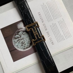 Hermes replica Black Crocodile Gold Edge H Buckle Leather Belt