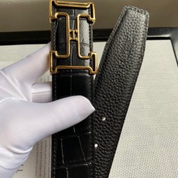 Hermes replica Black Crocodile Gold Edge H Buckle Leather Belt