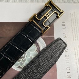 Hermes replica Black Crocodile Gold Edge H Buckle Leather Belt