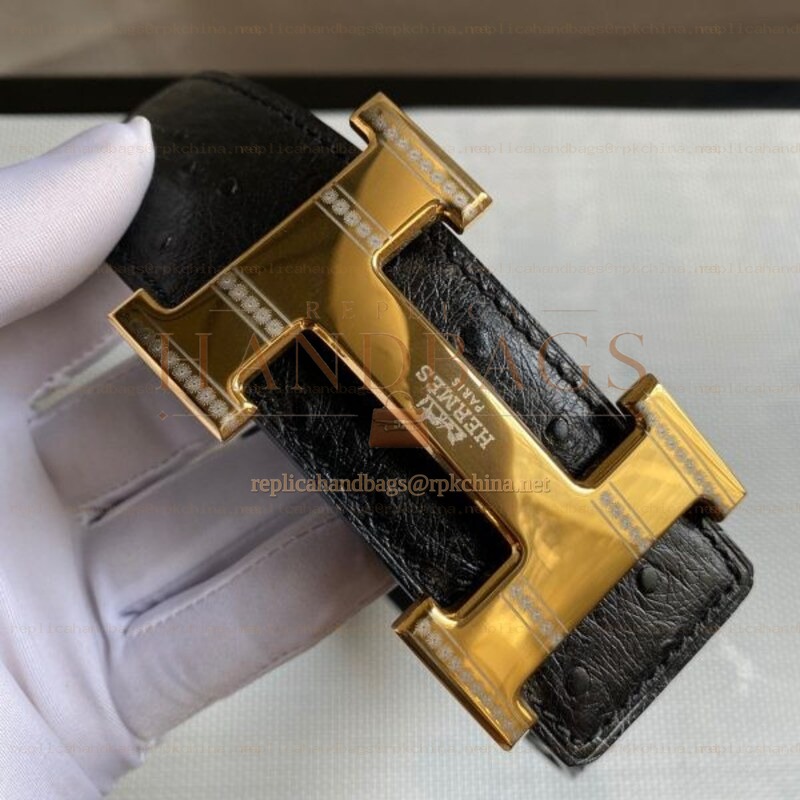 Hermes replica Black Crocodile Wide Gold H Buckle Leather Belt