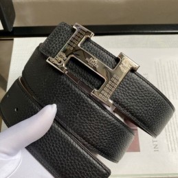 Hermes replica Black Pebbled Engraved Silver H Buckle Leather Belt
