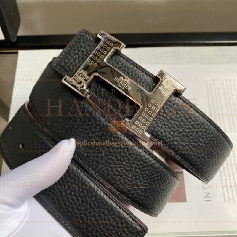 Hermes replica Black Pebbled Engraved Silver H Buckle Leather Belt