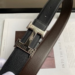 Hermes replica Black Pebbled Engraved Silver H Buckle Leather Belt