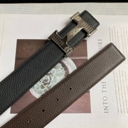 Hermes replica Black Pebbled Engraved Silver H Buckle Leather Belt