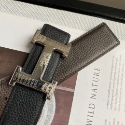 Hermes replica Black Pebbled Engraved Silver H Buckle Leather Belt