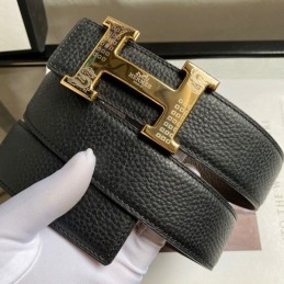 Hermes replica Black Pebbled Engraved Gold H Buckle Leather Belt