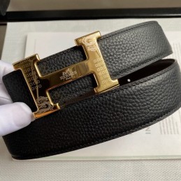Hermes replica Black Pebbled Engraved Gold H Buckle Leather Belt