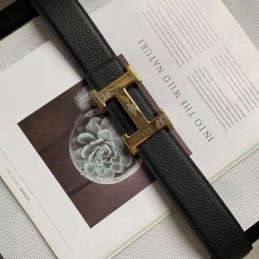 Hermes replica Black Pebbled Engraved Gold H Buckle Leather Belt