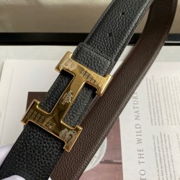 Hermes replica Black Pebbled Engraved Gold H Buckle Leather Belt