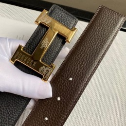 Hermes replica Black Pebbled Engraved Gold H Buckle Leather Belt