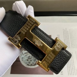 Hermes replica Black Pebbled Engraved Gold H Buckle Leather Belt