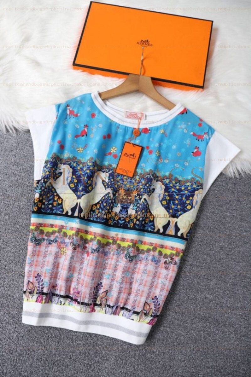 Replica Hermes Blue Pink Scarf Print Shirt