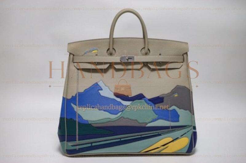 Replica Hermes Gray Blue Landscape Print HAC Haut a Courroies 50 Bag