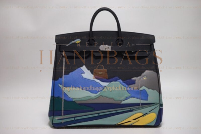 Replica Hermes Black Blue Landscape Print HAC Haut a Courroies 50 Bag