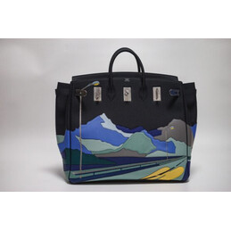 Replica Hermes Black Blue Landscape Print HAC Haut a Courroies 50 Bag
