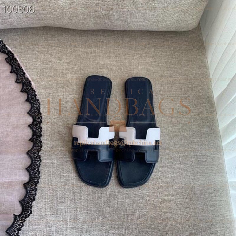 Replica Hermes Navy White H Heel Sandal