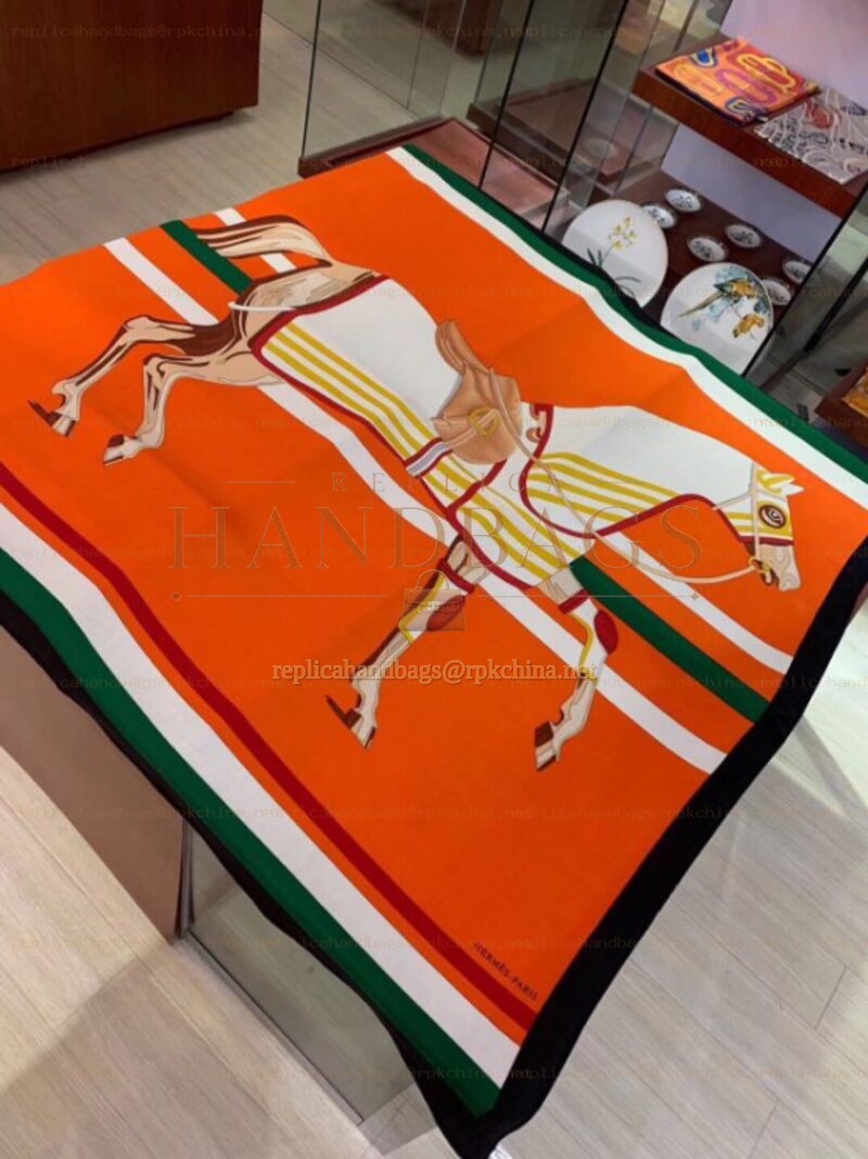 Replica Hermes Orange Equestrian 140cm Silk Scarf