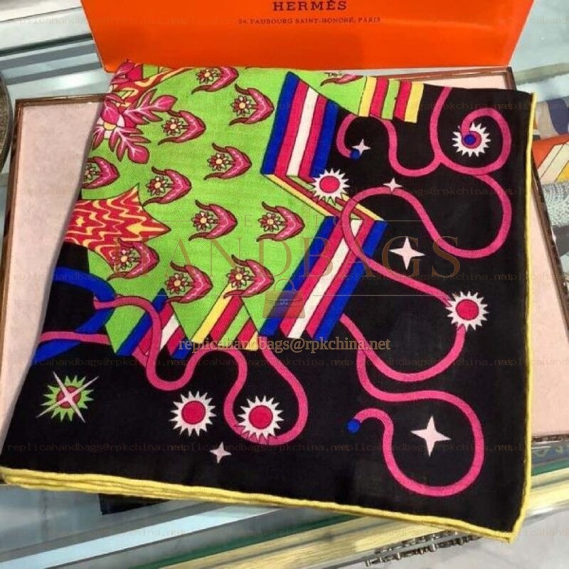 Replica Hermes Black Pink Floral 140cm Silk Scarf