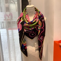 Replica Hermes Black Pink Floral 140cm Silk Scarf