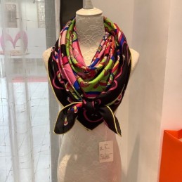 Replica Hermes Black Pink Floral 140cm Silk Scarf