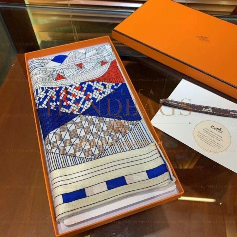 Replica Hermes Blue Check 140cm Silk Scarf