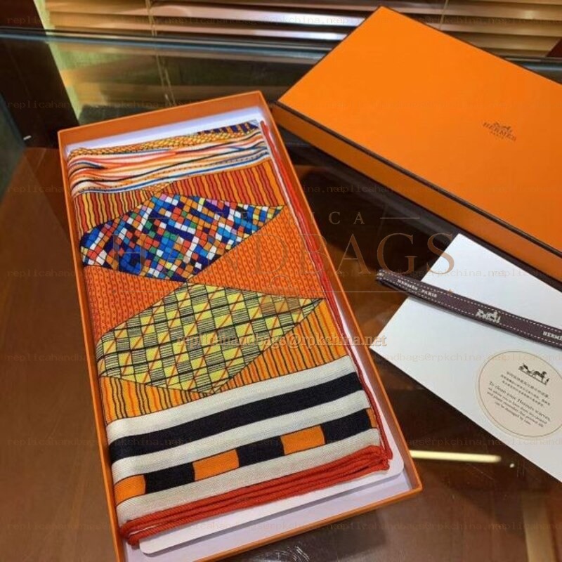 Replica Hermes Orange Check 140cm Silk Scarf