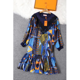 Replica Hermes Navy Blue Long Sleeve Scarf Print Dress