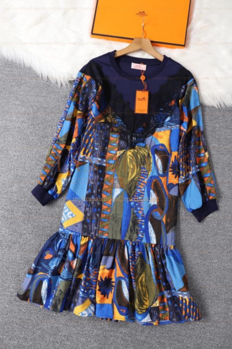 Replica Hermes Navy Blue Long Sleeve Scarf Print Dress