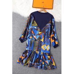 Replica Hermes Navy Blue Long Sleeve Scarf Print Dress