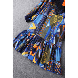Replica Hermes Navy Blue Long Sleeve Scarf Print Dress