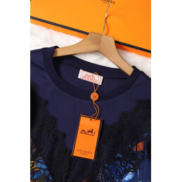 Replica Hermes Navy Blue Long Sleeve Scarf Print Dress