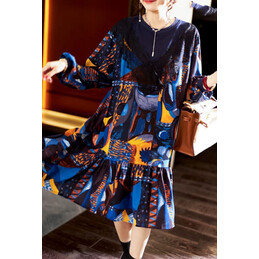 Replica Hermes Navy Blue Long Sleeve Scarf Print Dress